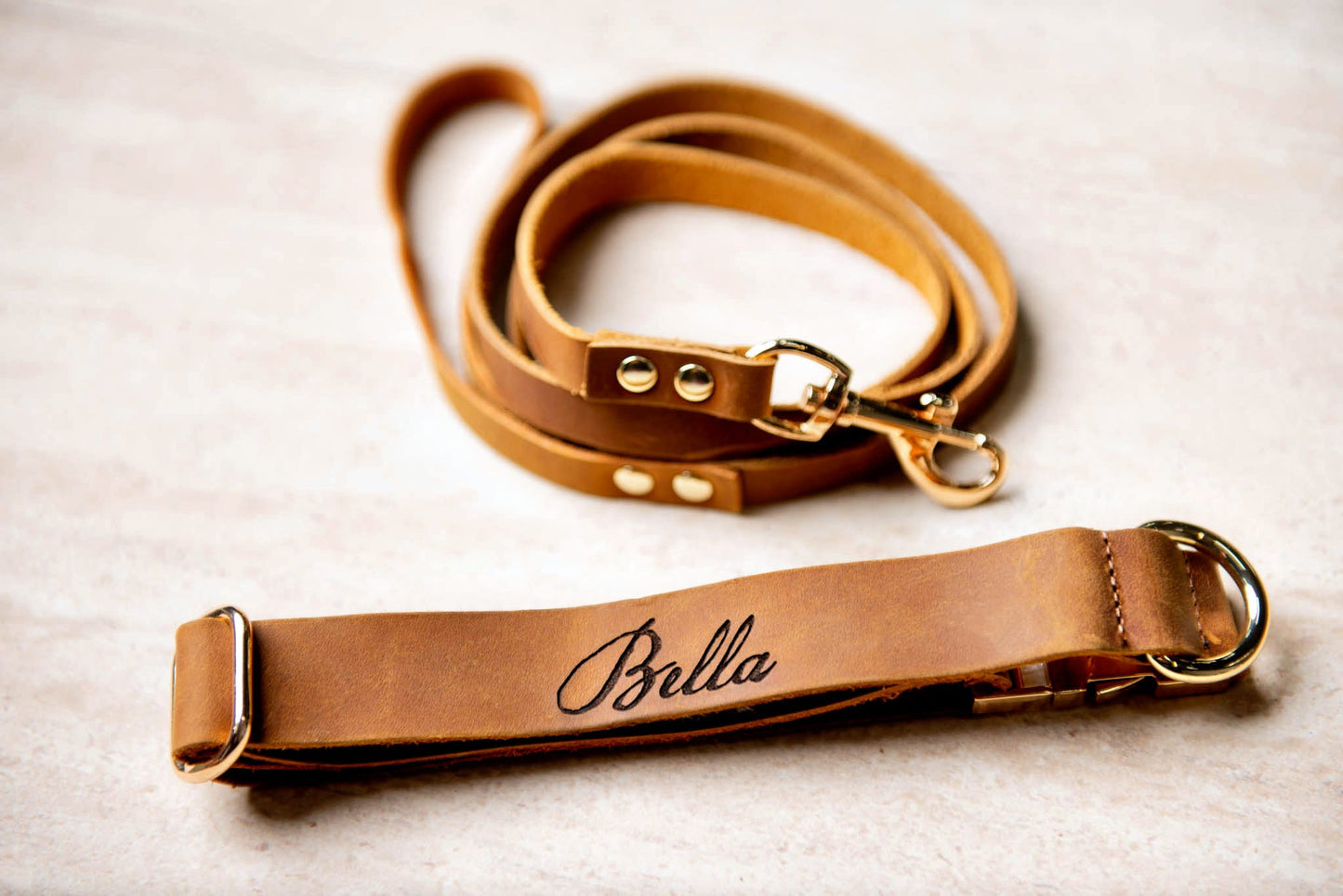 Personalized Distressed Leather Dog Collar With Metal Buckle and Optional Leash by Left Coast Original