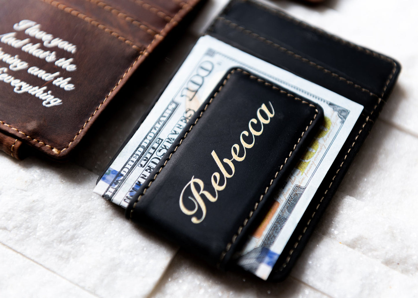 White Inked Message Leather Magnetic Money Clip