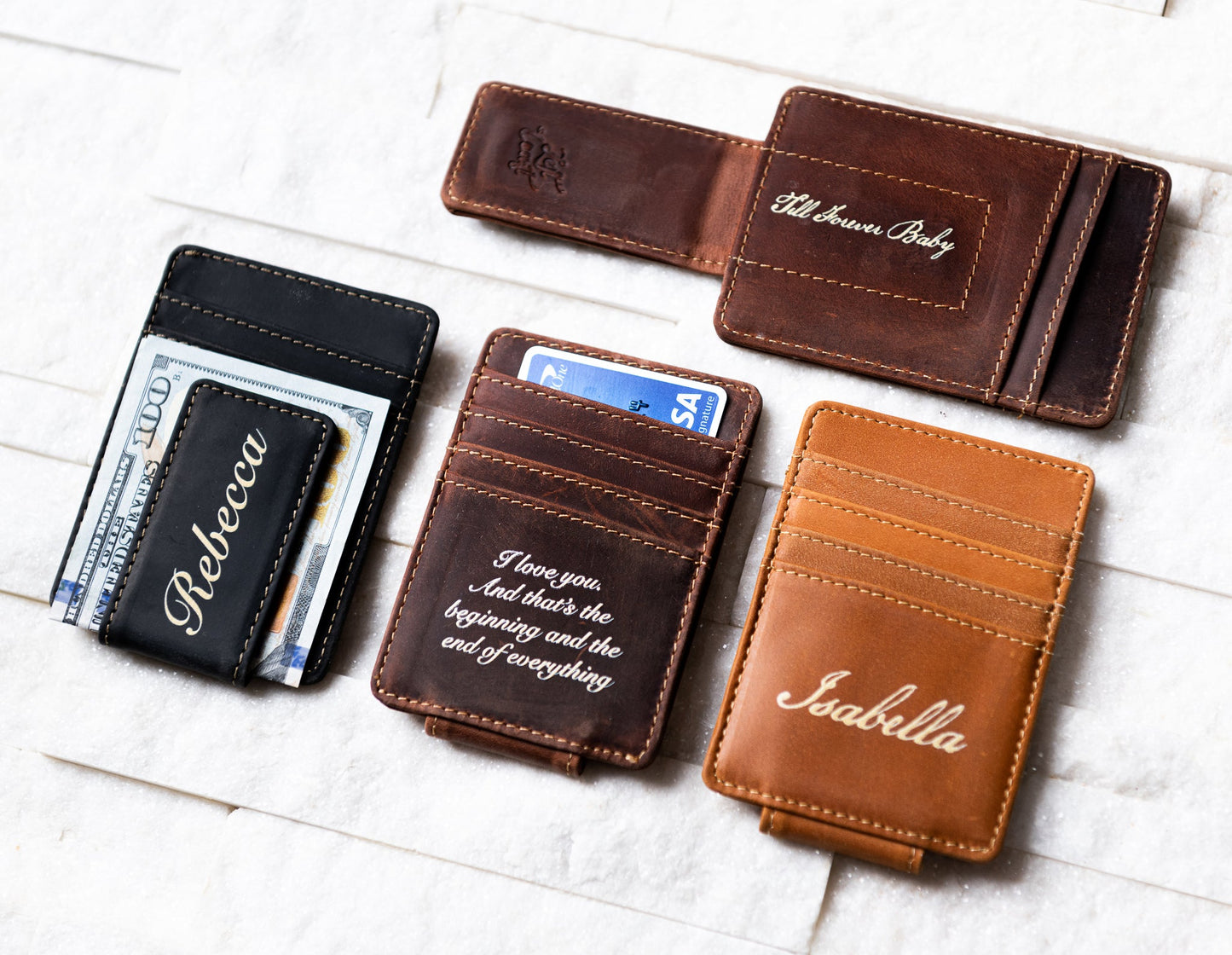 White Inked Message Leather Magnetic Money Clip