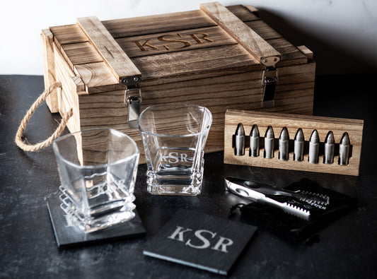 Personalized Whiskey Box Set, Engraved Whiskey Glasses, Custom Whiskey Gift Box, 8 Whiskey Bullets, Glasses, Coasters, Bar Accessories